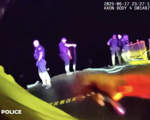cops rescuing people in the water after high speed chase